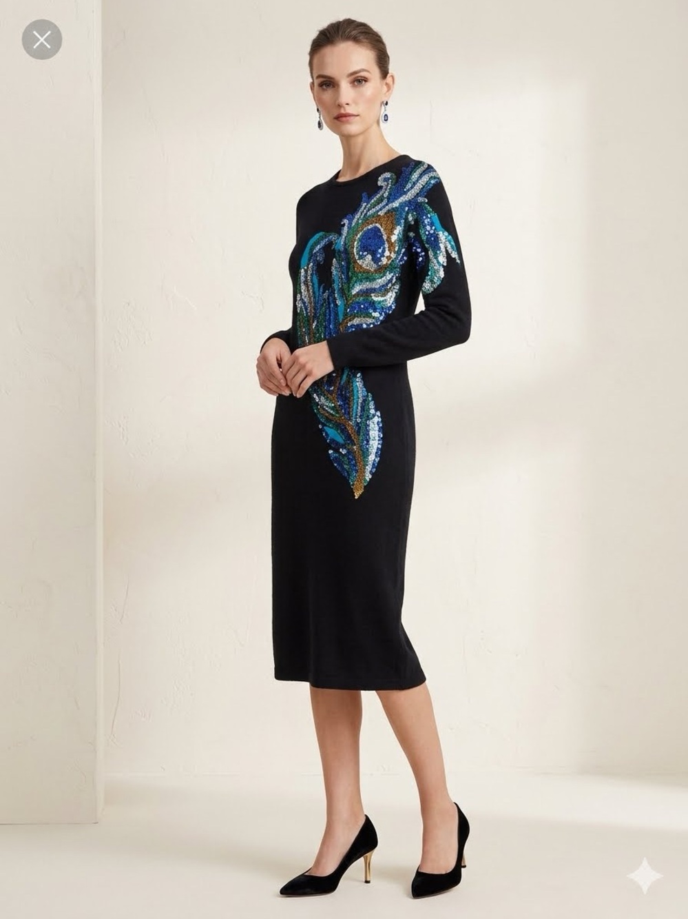 Vintage Outlander Peacock Sequin Lambswool Angora Sweater Dress Size Large